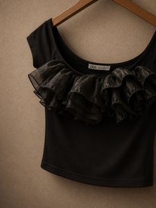 Black Off-Shoulder Tulle Ruffle Top
