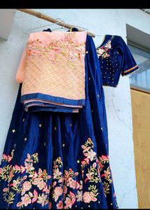 Navy Blue Velvet Lehenga with Peach Dupatta