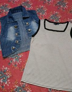Stylish Striped Top & Denim Vest Set