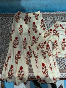 Elegant Cream co ord Set with Red Floral Print