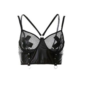 Edgy Faux Leather &amp; Mesh Bra with Choker