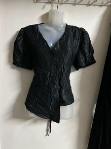 Black Textured V-Neck Top