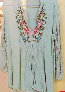 Beautiful Crushed Pista Green Embroidery Shirt