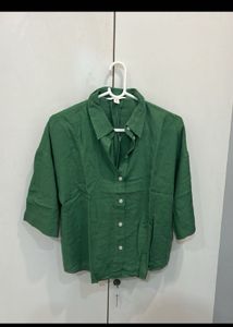 H&amp;M Green Linen-Blend Oversized Shirt