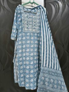 Blue Block Print Kurta with Dupatta
