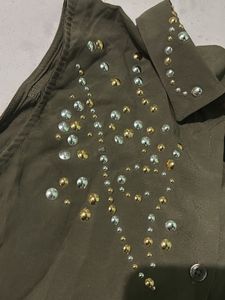 Stylish Sleeveless Embellished Olive Top