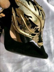 Black Stiletto Heels with Gold Leaf Detail