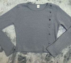 Grey Ribbed Button-Up Long Sleeve Top