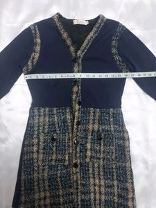Korean Tweed Trimmed Navy Dress