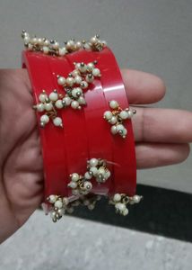 Red & Pearl Beaded Bangle Set