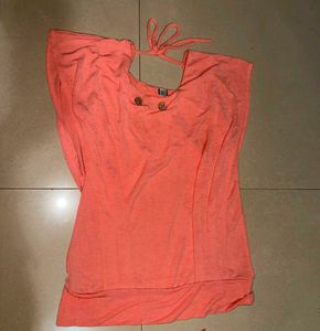 Coral Orange Top with Tie Neck