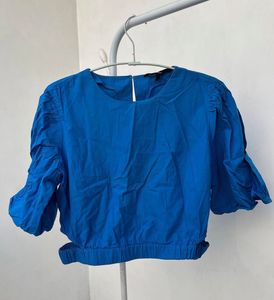 Cotton Blue Puff Sleeve Cropped Top