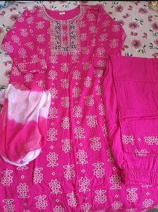 Pink And White Pure Cotton Full Set Pant Top And Duppata For XL And Xxl People