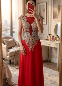 red embroidered gown