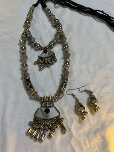 Designer Oxidised Silver Necklace and Earrings Set