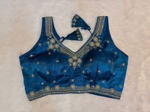 Blue Embroidered Organza Blouse