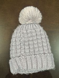 Grey Knit Beanie with Bow Detail