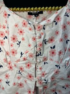 Zara Floral Tie-Front Puff Sleeve Top