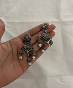 Antique Silver Tone Heart Jhumka Earrings