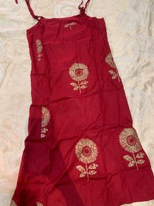 Red Ethnic Kurti with Gold Print &amp; Tie-Up Straps