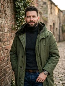 Men's Olive Green Military Parka Jacket - Heavy Wi