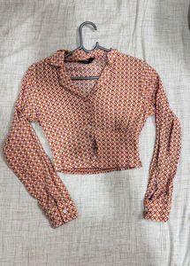 Retro Print Cropped Blouse