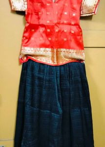 Bright Orange & Navy Black Pattu Pavada