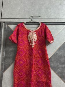 Vibrant Pink Bandhani Kurta with Embellished Neckl