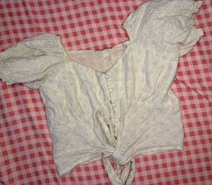 White Eyelet Tie-Front Puff Sleeve Top