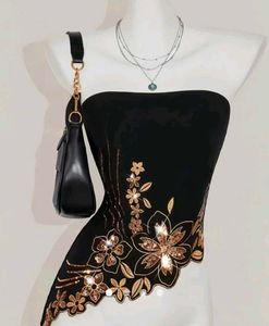 Chic Black Sequin Floral Bustier Top