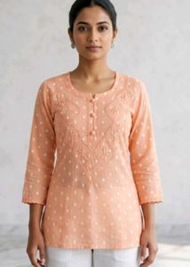 Peach Chikankari Short Kurti