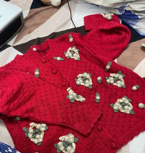 Red Floral Embellished Cardigan (size M)