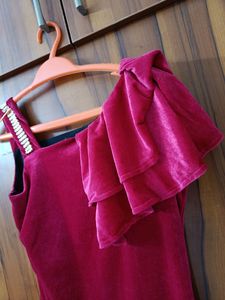 Velvet One-Shoulder Dress with Rhinestone Strap