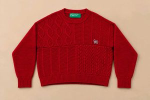RED PATCHWORK CABLE KNIT SWEATER