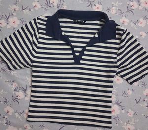 Striped Polo Neck Crop Top