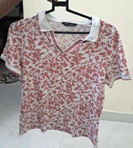 Floral Print Collared V-Neck Top