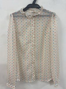 Sheer Heart Print Ruffle Neck Blouse