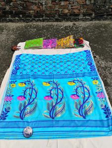 Beautiful Blue Floral Print JAMDANI cotton Saree
