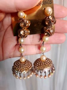 Golden Jhumka Earrings with Pearls