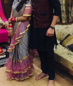Elegant Grey Saree with Pink Ruffle Border