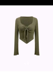 Ribbed Tie-Front Long Sleeve Top