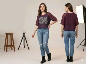 Trendy Purple Lace Crop Top with '84' Patch