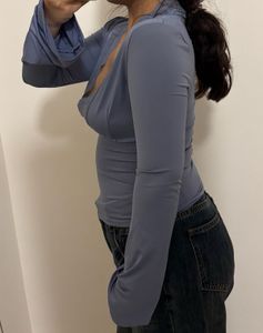 Lace Trimmed Long Sleeve blue Top