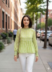 Green Checkered Long Sleeve Top
