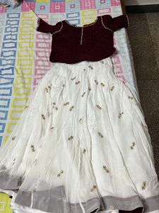 Maroon Velvet Blouse with White Skirt Set