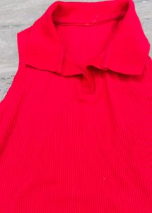 pink  Ribbed Collared Sleeveless Top