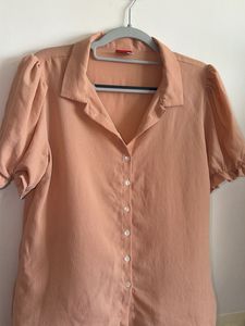 Peach Puff Sleeve Button-Up Blouse