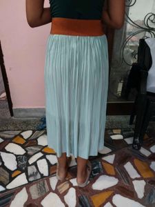 Premium Shiny Mint Green Pleated Maxi Skirt (Size