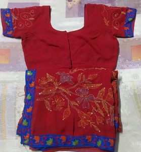 New RedKantha work  Embroidered Saree with Blouse