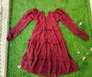 Maroon Ruffle A-line Dress